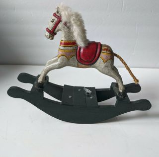 Vntg Wooden Circus Musical Rocking Horse W/leather Ears Rope Tail Fur Mane 9x12 "