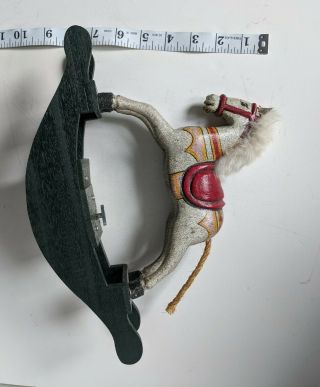 Vntg Wooden Circus Musical Rocking Horse w/Leather Ears Rope Tail Fur Mane 9x12 