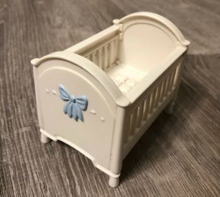 Fisher Price Loving Family Baby White Crib Blue Bow Boy Girl Nursery Furniture