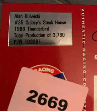 Alan kulwicki Action 2003 1986 Thunderbird Quincys Steak House RARE 1/24 (2669) 3