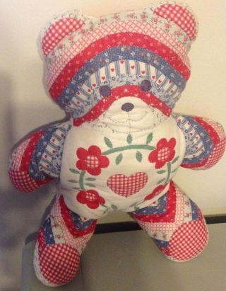 Vintage Patchwork Quilted Red White Blue Floral Teddy Bear Stuffed Toy 14 " Euc