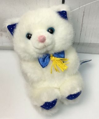 Russ Berrie Caress Soft Pets Mini White Cat Genius With Blue Ears Bow 5”