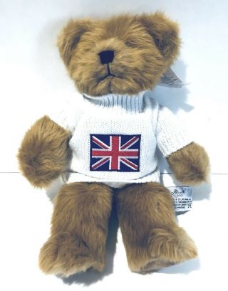 Russ Berrie Brown Bear 11 " Plush With Tags English Flag Britain White Sweater