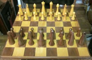 Vintage Hermann Ohme Midcentury Modern Wood Chess Set Complete Box 4.  5 " King 60s
