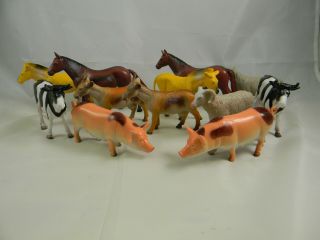 Farm Animals Dozen Toy Figures 4in.  To 6in.  Long Plastic Horse Cow Turkey 2393