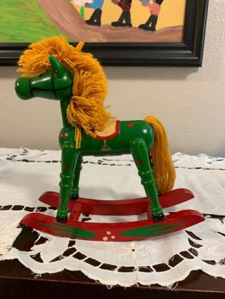 Vintage Handcrafted 7” Wooden Green Rocking Horse W/ Yarn Mane Christmas Decor