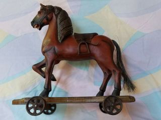 Vintage Hand Painted Wooden Horse Pull Toy Hair Tail Wheels 19 " Wood