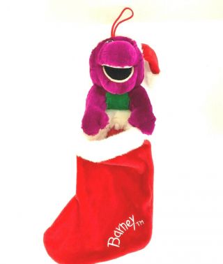 Barney The Purple Dinosaur Plush Christmas Holiday Stocking Santa Hat Vintage