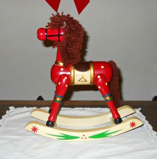 Vintage Handcrafted 10” Wooden Red Rocking Horse W/ Yarn Mane Christmas Decor