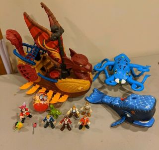 Imaginext Sea Serpent Viking Pirate Ship Boat,  Whale,  Giant Squid,  9 Figures