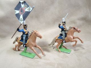 Britains / Timpo 1/32 Waterloo Mounted Prussian 5th Pomeranian Hussars X 2,  Flag