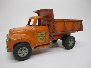 Vtg 1950s Tonka State Hi - Way Dept 975 Dump Truck Toy Pressed Steel Orange