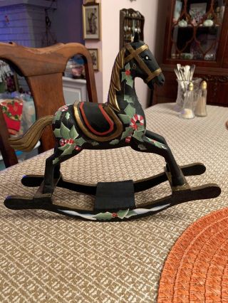 Vintage Hand Painted Wooden Rocking Horse Toy Decor Christmas Collectible