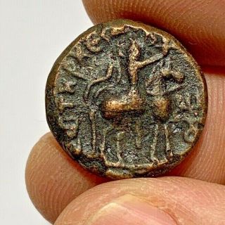 Ancient Indo Greek Bronze Coin Tetradrachm Soter I Mega 7gr 21.  1mm
