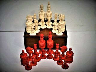Rare antique ' Barleycorn/Ropetwist ' bone Chess Set (K=97mm/3.  75 