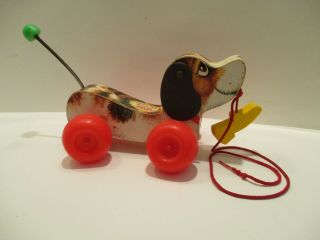 Vintage Fisher Price Little Snoopy Wooden Dog Puppy Pull Toy Number 693