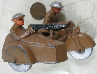 Vintage Manoil Barclay Soldier On Motorcycle With Side Car & Wood Wheels