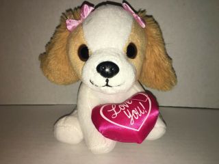 The Petting Zoo 8 " Brown & White Puppy Dog Plush - 1994 - Pink Heart & Bows