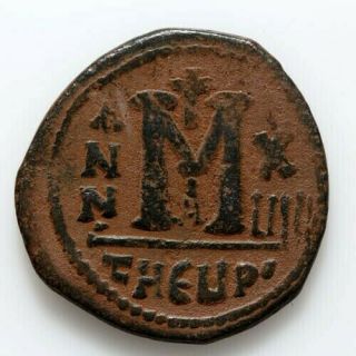 BYZANTINE COIN AE FOLLIS MAURICE TIBERIUS ANTIOCH 582 - 602 AD YEAR 14 2