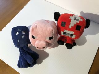 Minecraft - 3 Mojang 6 " And 7 " Stuffed Animal Plush Toys Red Pink Blue