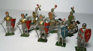 (8) Prewar Heyde Medieval Knights W/ Swords & Knights On Horse Back