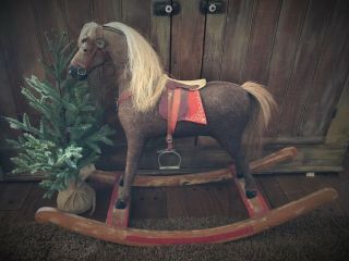 Antique Prim Victorian German Folk Art Rocking Horse Hobby Horse Straw Stuffed