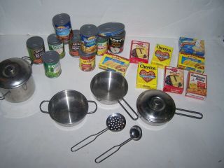 Vintage Play Toy Childs Metal Kitchen Kettles & Play Box Food And Cans