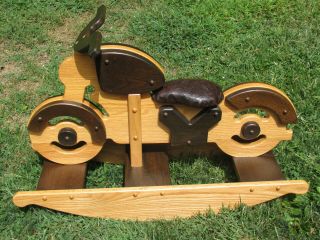 Amish Made Wooden Motorcycle Rocking Horse Ride On Oak Walnut Stain 34 "