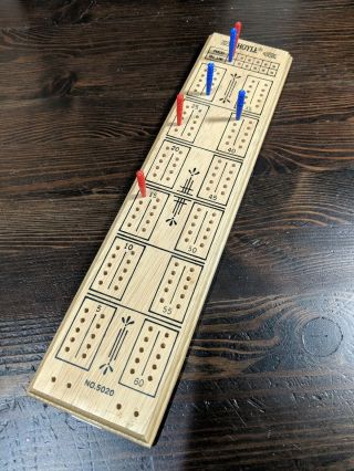 Cribbage Board Hoyle No.  5020 Wooden Complete W/ Red Blue Plastic Pegs 12 " X 3 "