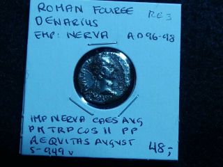 Re - 3: Roman Silver Fouree Denarius,  Emp: Nerva,  Ad 96 - 98