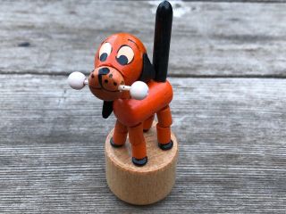 Vintage Made In Italy Dog W Bone Small Push Puppet Wooden