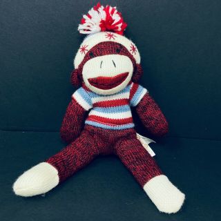 Dan Dee Red Sock Monkey Stripe Sweater Hat Stars Snowflakes Pom Pom Plush Winter