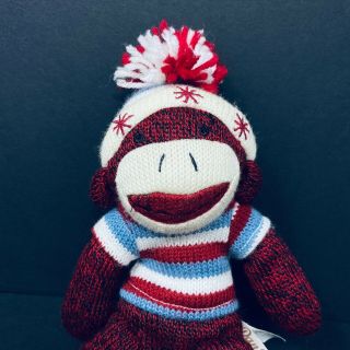 Dan Dee Red Sock Monkey Stripe Sweater Hat Stars Snowflakes Pom Pom Plush Winter 2