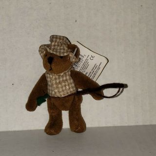 Russ Berrie Tiny Town Miniature Jointed Plush Teddy Bear Fisherman 3 - 1/2 "