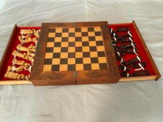 Antique Asian Chinese Chess Board Set Hand Carved Wood Chest Ornate Artwork