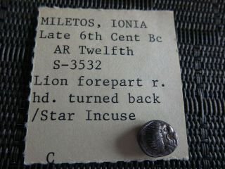 Ancient Greek Silver Coin Ionia,  Miletos Ar 1/12 Stater Circa 520 - 450 Bc 1.  17g