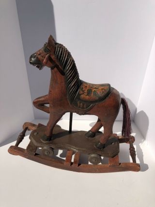 Vintage Hand Carved Hand Painted Wooden Rocking Horse Unmarked 13 H X 11 W