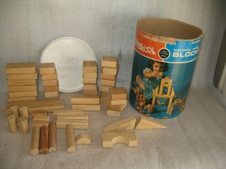 Vintage Playskool Natural Wood Building Blocks – 1960s W Container