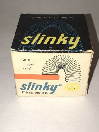 Vintage James Industries Metal Slinky Spring Toy Box Instructions Usa