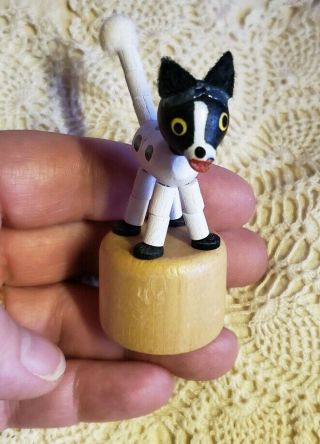 Vintage Mid Century Push Puppet Wood Dog Press Up Italy White Black Spots