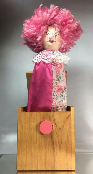 Vintage Toy Handmade Pink Wood Jack In The Box W/ Button - -