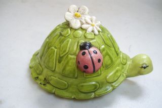Ceramic Green Sea Turtle With Love Bug & Flowers On Back Wild Life Figurine