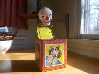 1953 Dated Jack In The Box With 5 Different Smiling Clowns 5 1/2 " Tin Toy Box
