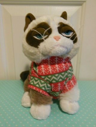 Ganz 8 " Sitting Grumpy Cat Sitting W/ Christmas Sweater Plush Stuffed Animal Toy