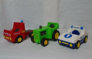 Playmobil Set Of 3 1990 Geobra Tractor - Police Car - Fire Truck - Vintage