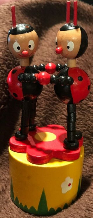 Vintage Wooden Push Puppet Two Ladybugs Toy Hand Painted Retro Toy Classic