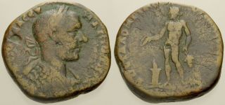 038.  Roman Bronze Coin.  Macrinus.  Ae - 26.  Moesia Inferior.  Genius.  Avf