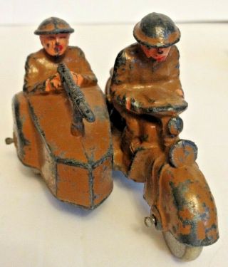 Barclay 2 Soldiers On Motorcycle With Side Car Manoil Wood Wheels Military Toy