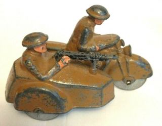 BARCLAY 2 SOLDIERS ON MOTORCYCLE WITH SIDE CAR MANOIL WOOD Wheels MILITARY TOY 2