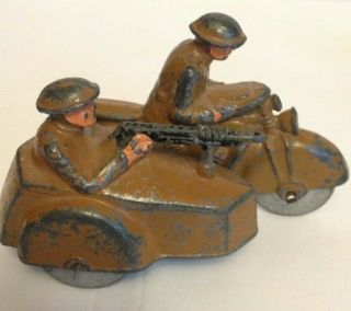 BARCLAY 2 SOLDIERS ON MOTORCYCLE WITH SIDE CAR MANOIL WOOD Wheels MILITARY TOY 3